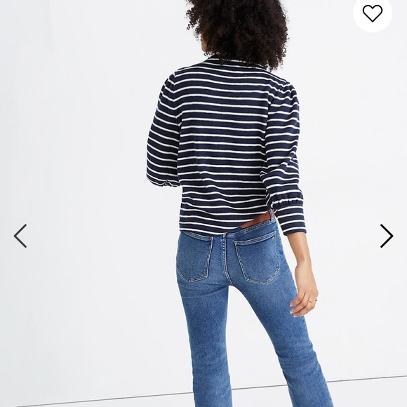 New Madewell Gathered-Sleeve Mockneck Top in sweater stripes blue white large L - Picture 3 of 12